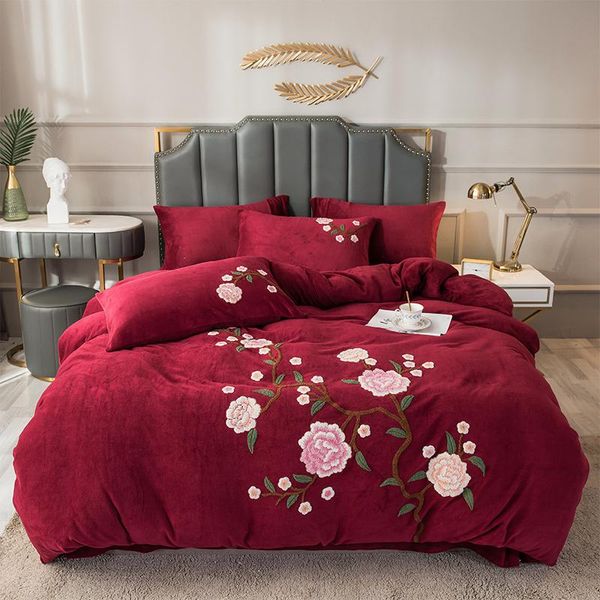 

chinese style flowers towel embroidery winter velvet flannel cover fleece duvet pillowcases bed textile sheet set home bedding