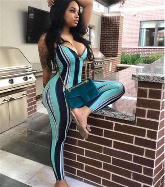 

2021 women ladies sleeveless strap striped jumpsuit rompers bodycon slim backless jumpsuit summer casual rompers trousers1, Black;white