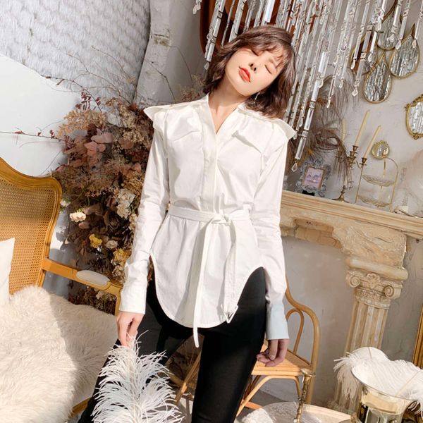 

ak family dign sense minority v-neck pure cotton shows thin medium length personality white shirt female spring and autumn