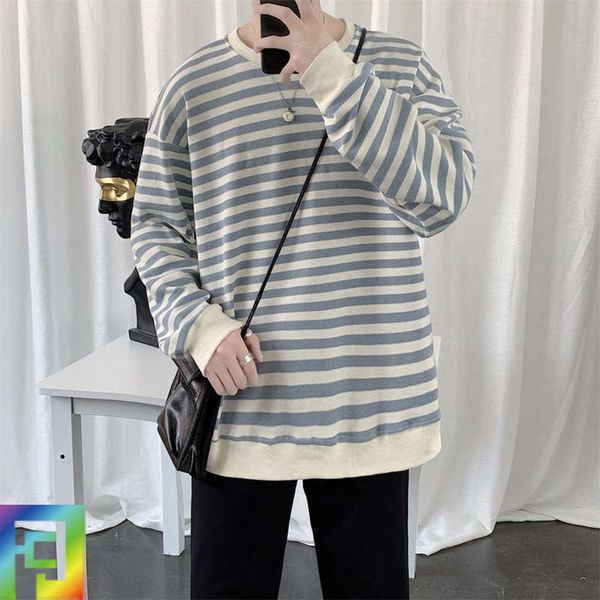 

neck fall round 2019 striped men's youth loose pullover sports trend color contrast sweater coat, Gray