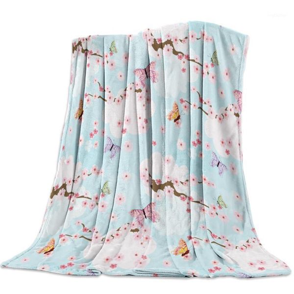 

blankets butterfly flower cherry blossom pink throw blanket cartoon fleece sofa/bed/plane travel plaids bedding towel1