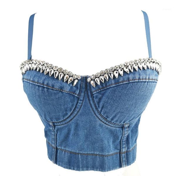 

women's rhinestone flower denim crop rave festival push up bra corset tank night club party cropped feminino1, White