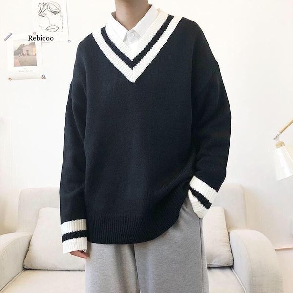 

pullovers men autumn patch designs plus size 3xl knitted long sleeve sweaters ins trendy casual students pullover bf new, White;black