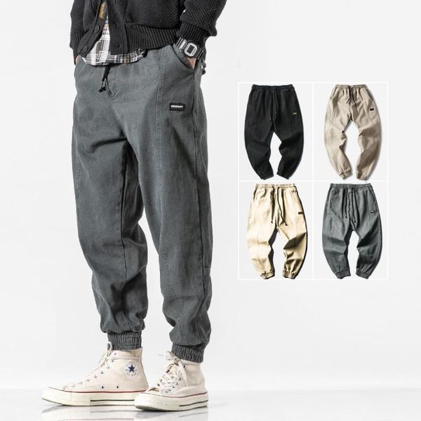 

autumn cotton cargo pants men's fashion slim ankle-tied pants elastic waist casual men jogger ankle-length trousers harem1, Black