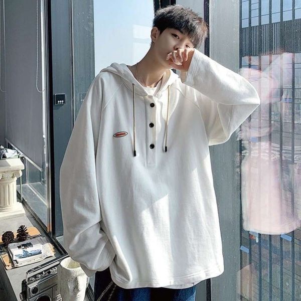 

simple pure white sweater men's summer fashion brand ins loose hoodie long sleeve coat thin t, Black