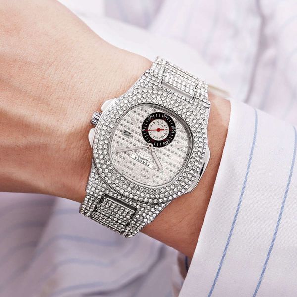

waterproof fashion calendar hip hop new full diamond men's watch bracelet, Slivery;brown