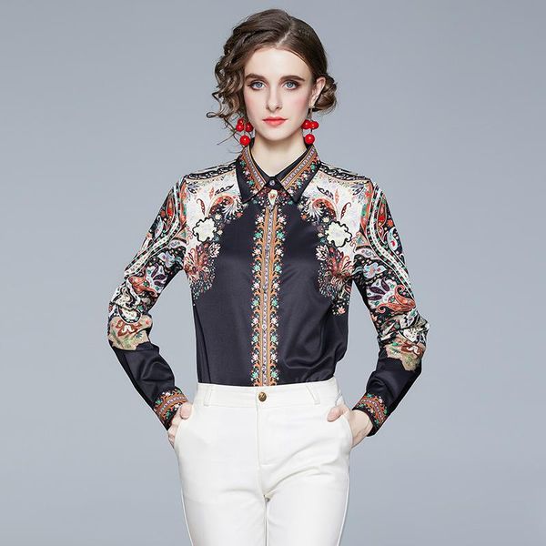 

women's blouses & shirts 2021 spring runway fashion women long sleeve vintage print casual turn down collar blusas, White