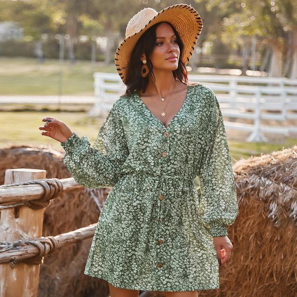 

party dresses 2021 green floral print women spring summer dress v neck long sleeve button ruffles swing female mini holiday vestidos, White;black