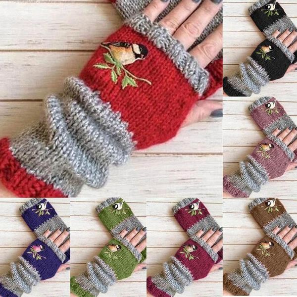 

five fingers gloves birds embroidery women knitted fingerless plus damskie velvet mittens rekawiczki block color girls womens spl t8w3, Blue;gray