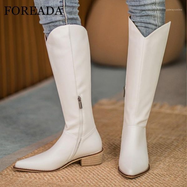 

boots foreada real leather high heel western woman thick knee zip long pointed toe ladies shoes beige 401, Black