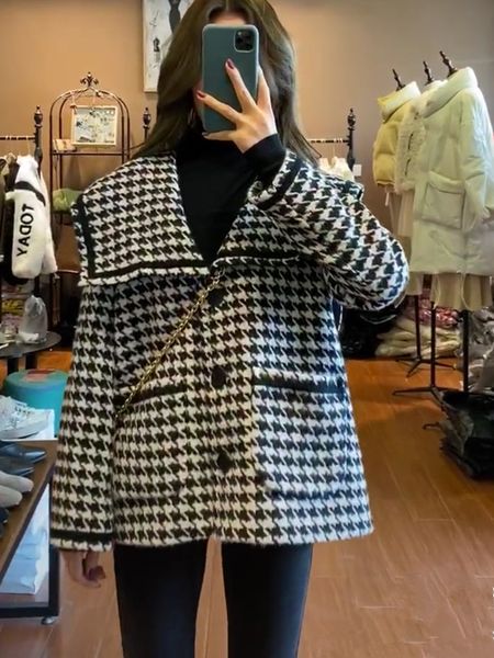 

2021 new autumn and winter new korean style small fragrance jacket women's houndstooth ladies short trend dwcl, Black;brown