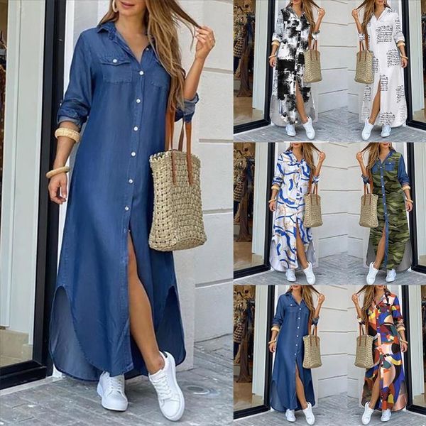 

40 fashion womens casual loose dresses long sleeve pocket button shirt print dress denim split elegant ankle length dress, Black;gray