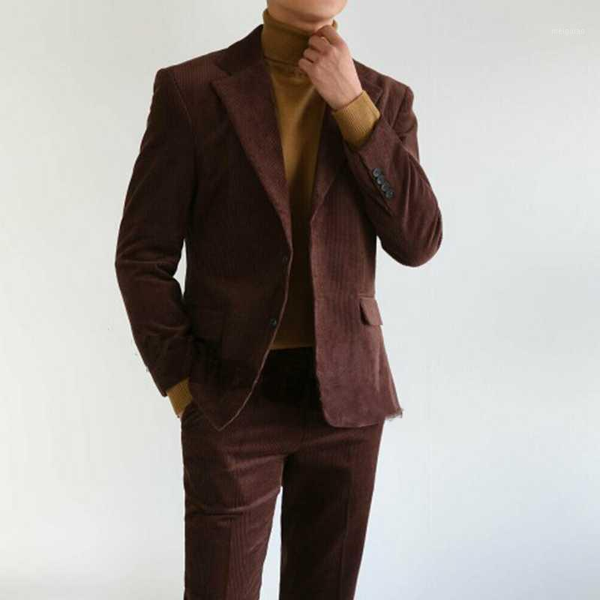 

2020 fashionable brown corduroy suits for men casual fall winter terno masculino 2 pieces set formal wear1, White;black