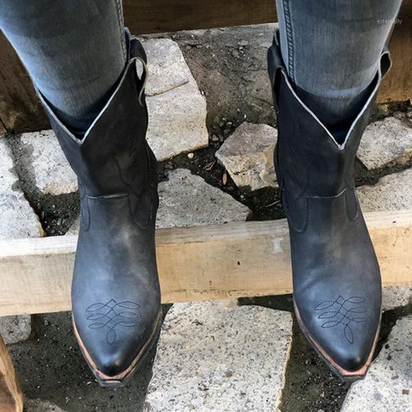 

boots classic 2021 embroidered western cowboy for women leather cowgirl low heels shoes knee high woman1, Black