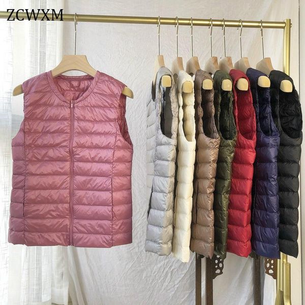 

zcwxm 90% ultra light white duck down women vest thin zipper coat women duck down sleeveless jacket pocket slim o collar coat, Black
