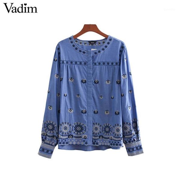 

vadim women stylish denim blouse floral embroidery long sleeve o neck pleated shirts ladies office wear casual blusas la2081, White