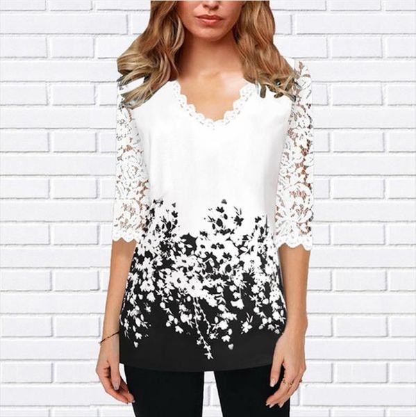 

plus size 4xl 5xl shirt blouse female 2020 spring new v neck half sleeve lace splice print boho women shirt, White