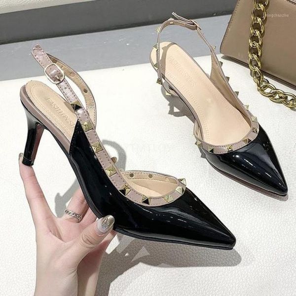 

dress shoes ladies sandals back strap colors pointy toe for office patent leather buckle zapatilla mujer1, Black