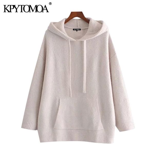

kpytomoa women 2020 fashion with pockets oversized knitted sweater vintage adjustable drawstring hood female pullovers chic, White;black