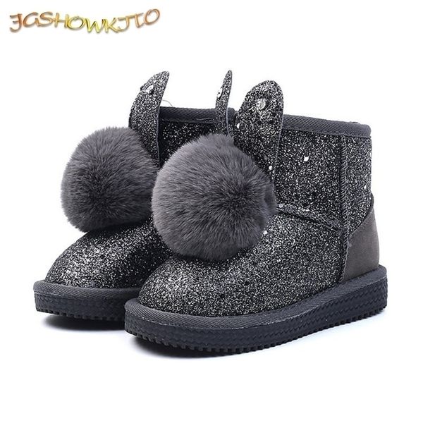 

children' boots for girls thick cotton kids snow boots cute sweet warm sequined fabric with rabbit ear soft fluffy fur ball new lj2010, Black;grey