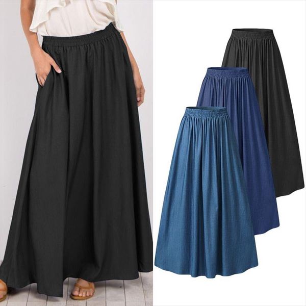

fashion denim blue skirts womens casual vestidos zanzea 2020 female elastic high waist solid skirt plus size pleated robe s 5xl, Black