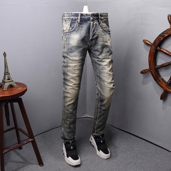 

italian style fashion men jeans slim fit elastic classical denim pants designer jeans retro color basic vintage men1, Blue