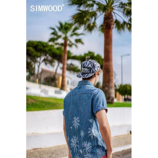 

simwood 2020 summer short sleeve denim shirts men causal laser processing coconut tree print hawaii holiday1, White;black