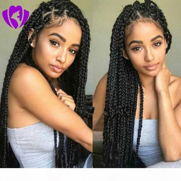 

selling long twist braided lace front wigs full hand tied synthetic hair wigs braided for african americans, Black