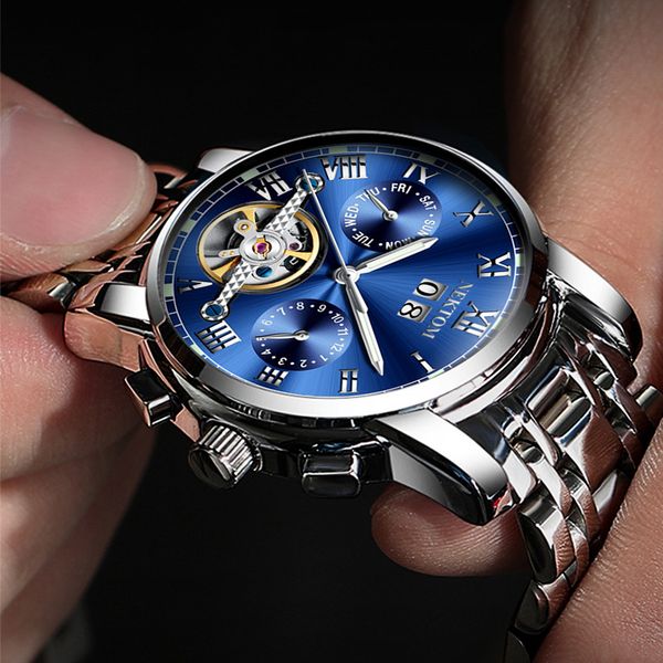 

european and american fashion high-end netton nektom high-end automatic mechanical watch mens hollow stainless steel waterproof luminous fas, Slivery;brown