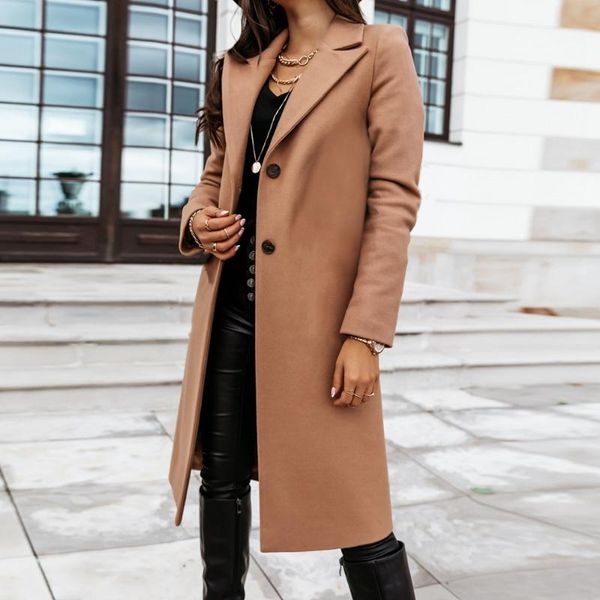 

uk style women winter spring long light trench coat warm lapel female windbreaker long sleeve lady casual button overcoat thick, Tan;black