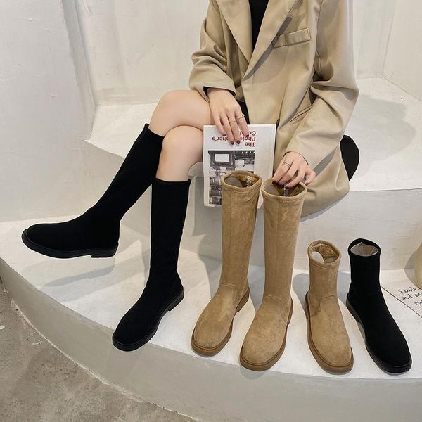 

round toe women boots over knee flat heel boots-women winter footwear female shoes over-the-knee 2020 mid calf rubber, Black