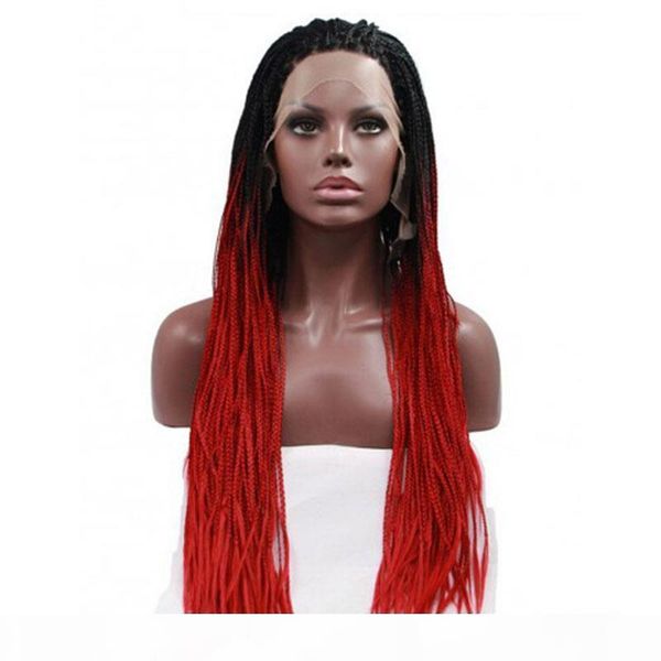 

synthetic braiding hair red ombre lace wig with baby hairs glueless box braided synthetic lace front wigs colored red for women, Black;brown