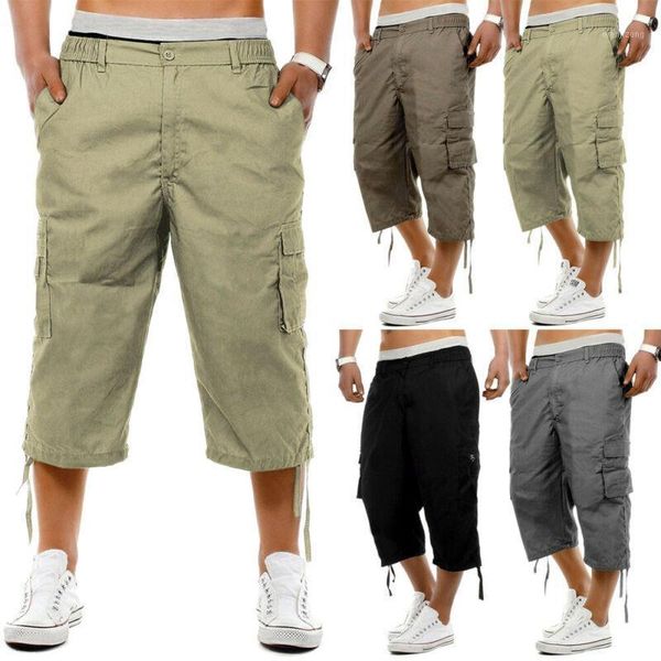 

mens 3/4 long length casual pants elasticated waist cargo combat three quarter short pants1, Black