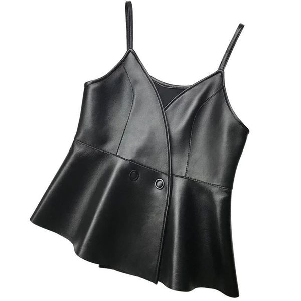 

new 2021 spring and in autumn leather thin color buds solid female low v sleeves slingsloose vest y200 i9o8 idyo, Black