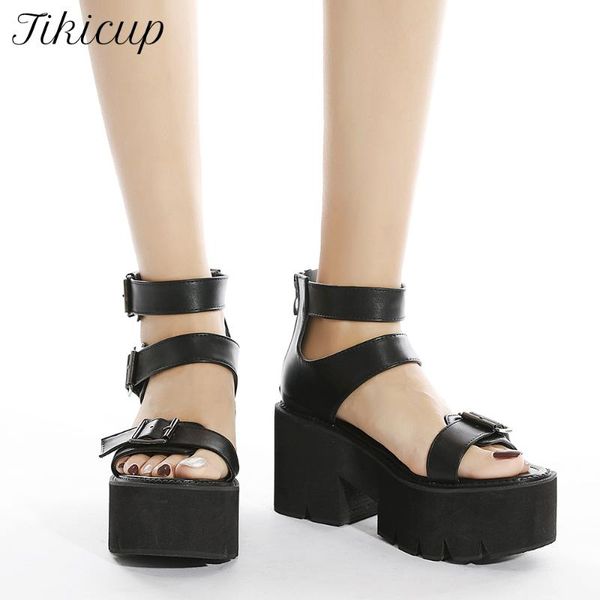 

sandals tikicup matel buckles women wild ankle chunky platform all black summer ladies open toe sandials gothic punk shoes
