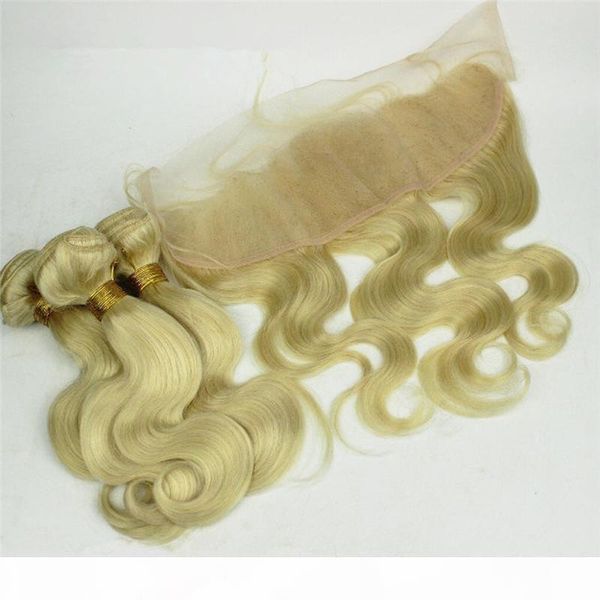 

#613 blonde brazilian hair weaves with frontals platinum blonde 3bundles with 13x4 lace frontal 4pcs lot body wave blonde hair with frontals, Black