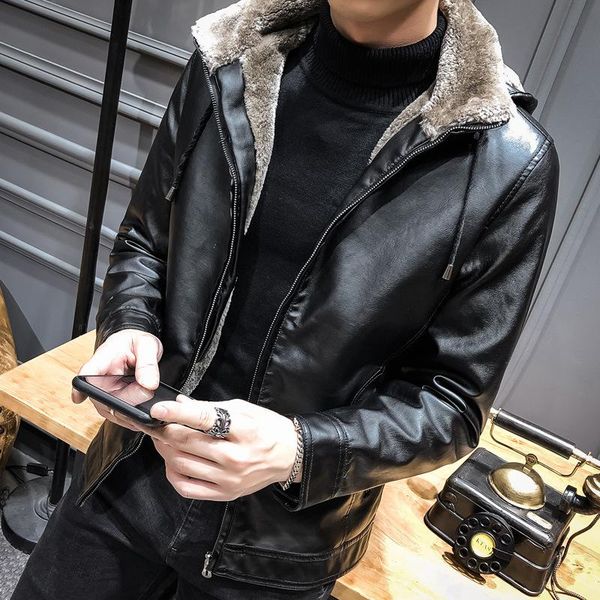 

winter new mens fleece liner pu leather coat hooded warm jacket casual winter outwear t151, Black