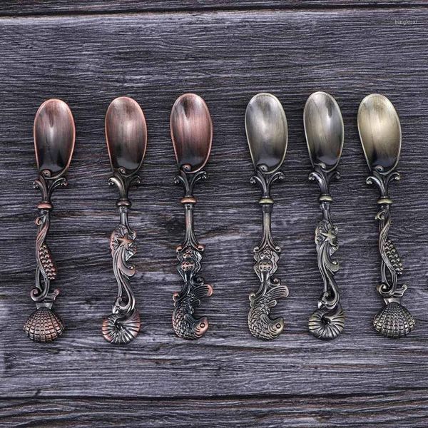 

3 pcs/set spoon zinc alloy retro ocean shell-shaped spoon stirring coffee spoons carving kitchen tools1