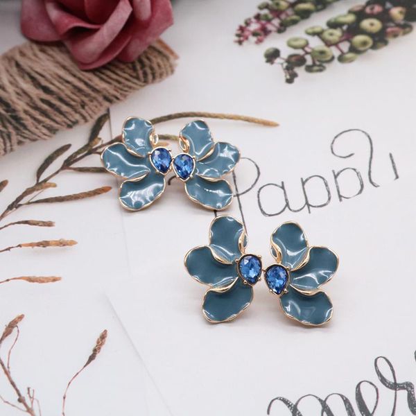 

stud trendy texture enamel earrings alloy solid color teardrop glass stone symmetrical petal brincos cute party accessories, Golden;silver