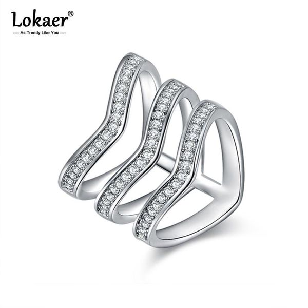 

wedding rings lokaer women micro rhinestone three v shape ring silver color fashion jewelry for girls r15037, Slivery;golden