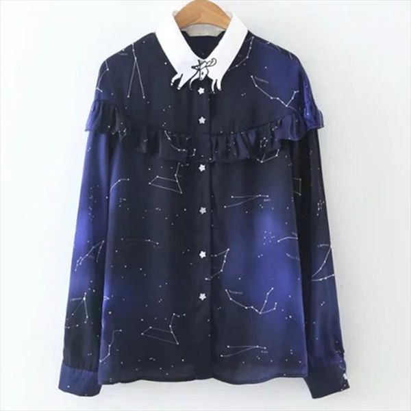 

spring space star шифон рубашка космические созвездие женские блузка длинные рукава galaxy print ruffles рубашка повседневная вершины blusa, White