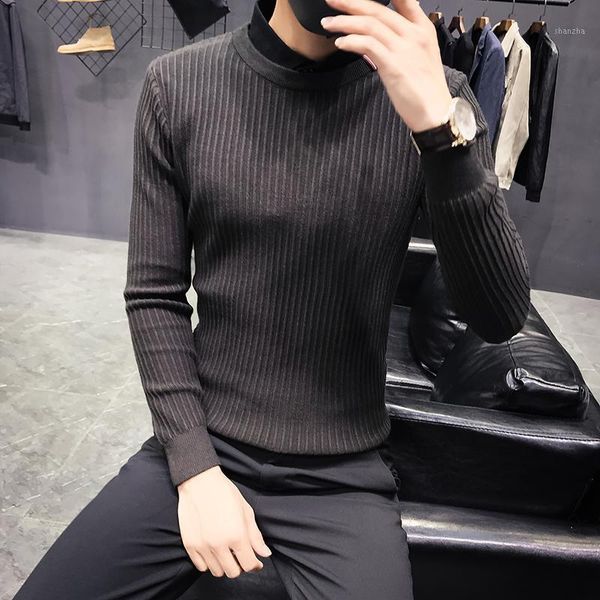 

men's clothing 2020 winter new slim solid color sweater private custom black shirt collar fake two sweater bottoming shirt1, White;black