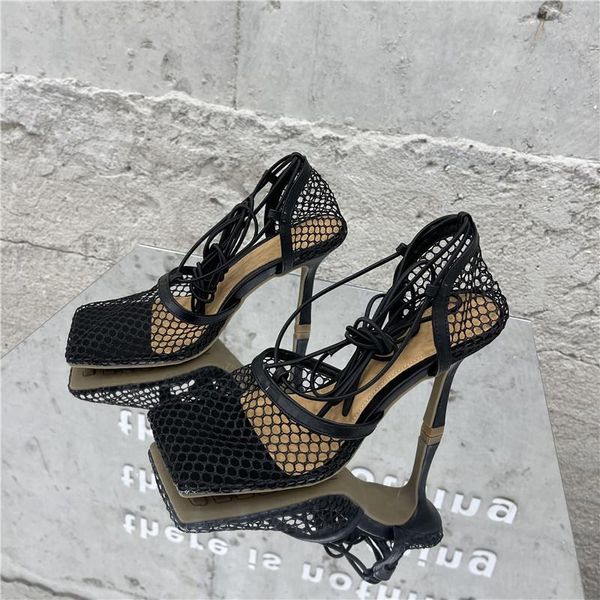 

black net lace up high heels women sandals sheep leather square toe designer party shoes chic ankle strap summer sandals