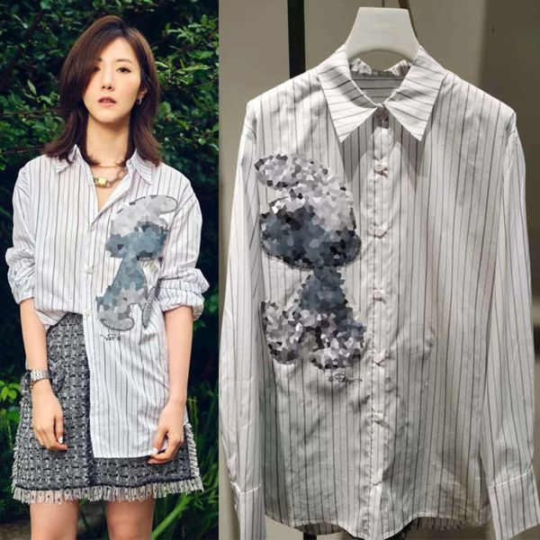 

early autumn 2020 new loose long sleeve cartoon heavy industry sequin embroidery casual striped shirt, White