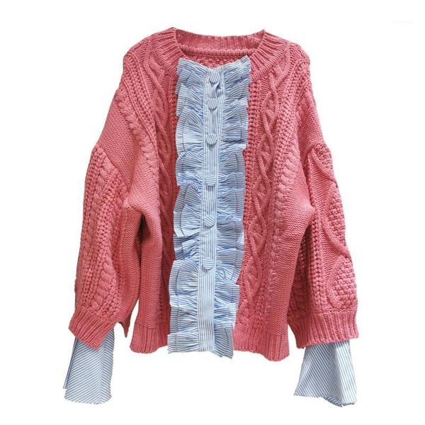 

ewq] sweet design shirt fake two-piece sweater women 2020 autumn thick needle linen flower color pullovers knitted red 1, White;black