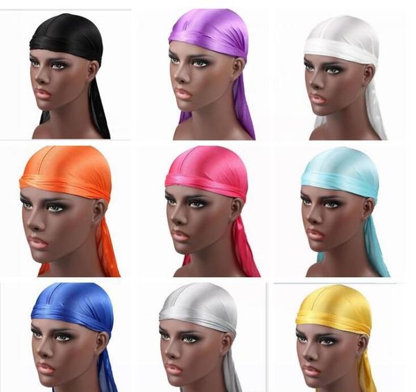 Treccia da uomo in raso a coda lunga Durags Bandana Turbante Parrucche da uomo Setoso Durag Copricapo Fascia Cappello da pirata Accessori per capelli GD999