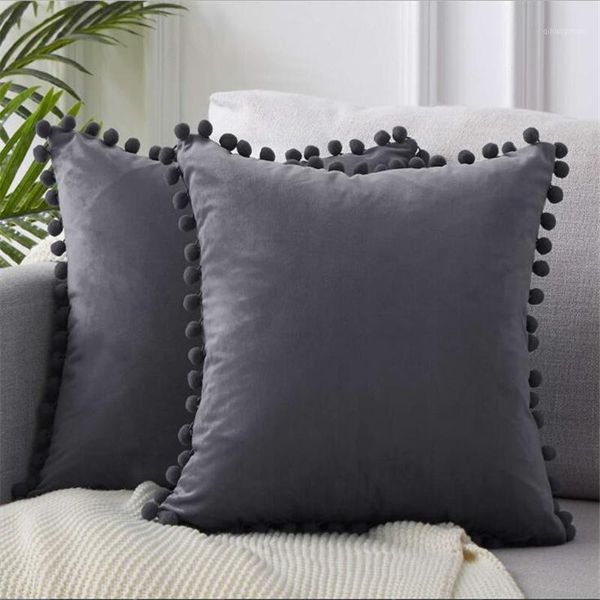 

1 pc pillow cover soft solid square cushion case velvet luxury decorative pillows with balls for sofa bed car home1