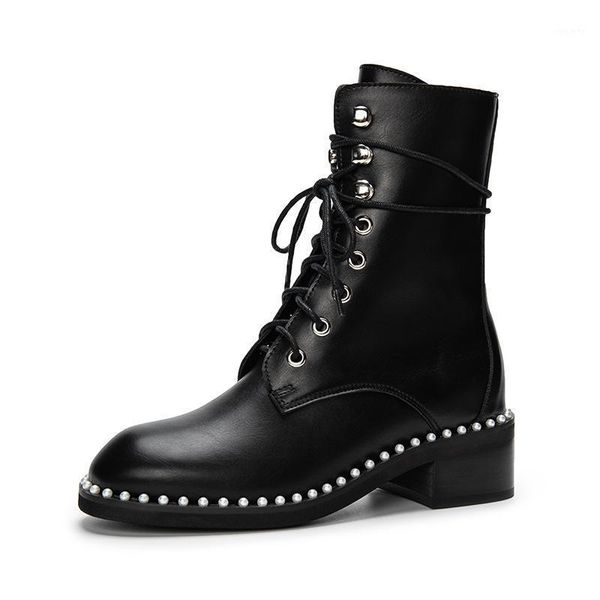 

fashion pearl buckle ankle boots for women leather fashion rivet low heel shoes women motorcycle boots autumn1, Black