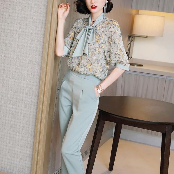 

korean fashion suit female chiffon printed shirt and pants summer two piece set ol women sets casual elegant outfit, Gray
