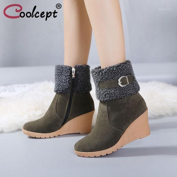 

boots coolcept brand plus size 34-43 warm plush winter snow women shoes woman wedge high heels ankle boots1, Black